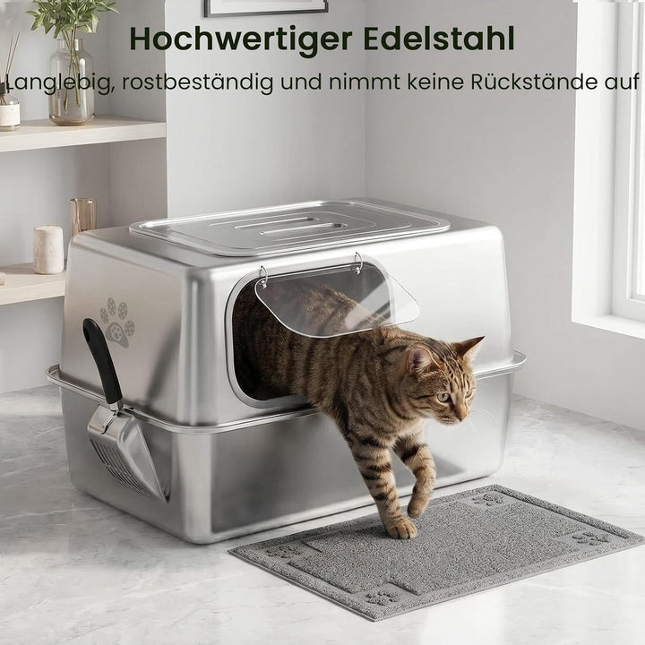 PTLOM XXL Katzenklo Edelstahl, Auslaufsicheres Katzenklo mit Deckel, grossem Metall-Streubehälter, G