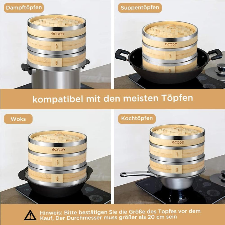 ecooe Bambusdämpfer, 2 Etagen Bambus Dampfgarer Einsatz mit verstärktem Rand aus Edelstahl, 20cm Däm