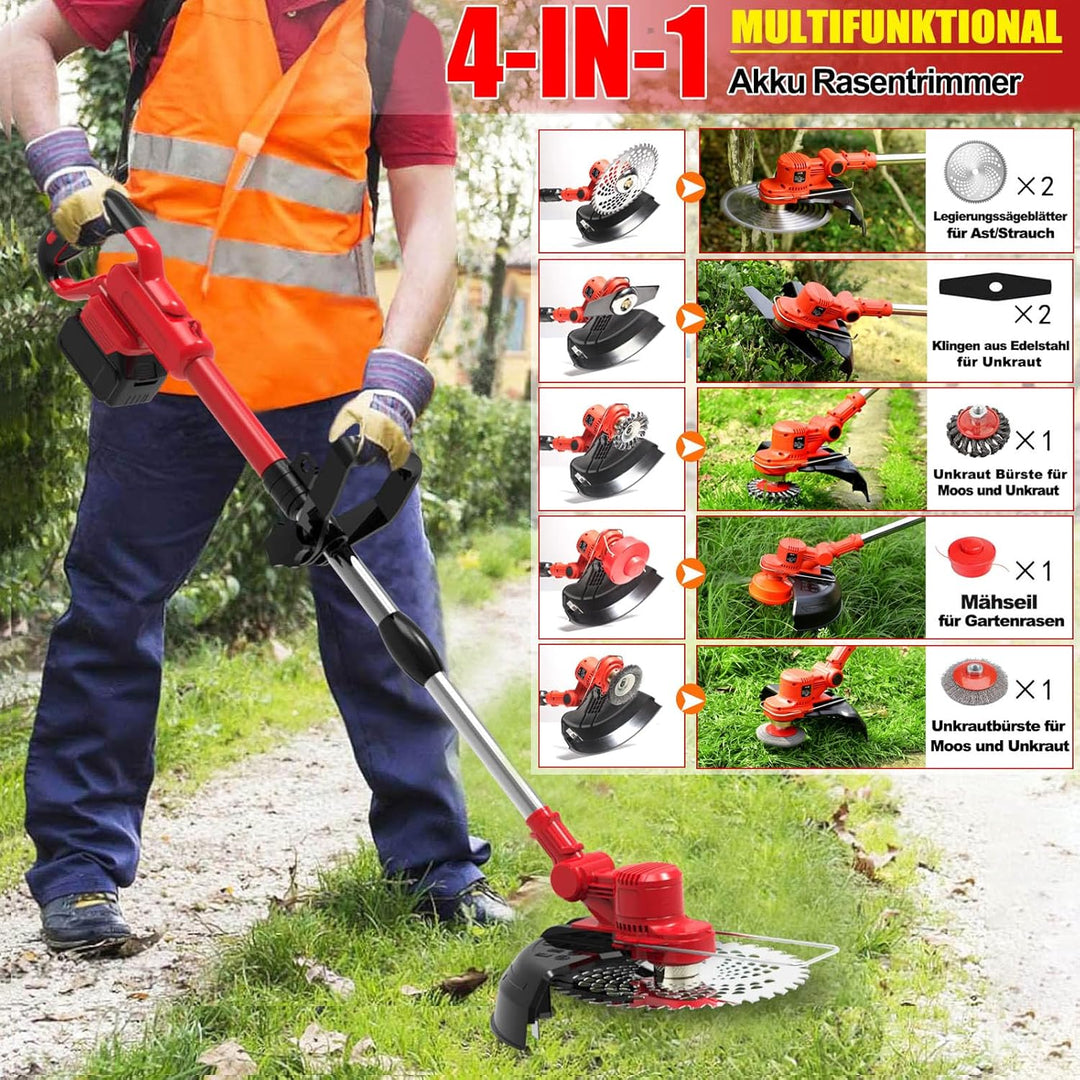 Rasentrimmer mit Akku und Unkrautbürste,21V Akku Rasentrimmer für Makita Akkus,Inkl 2X4.0Ah Akku &amp; L