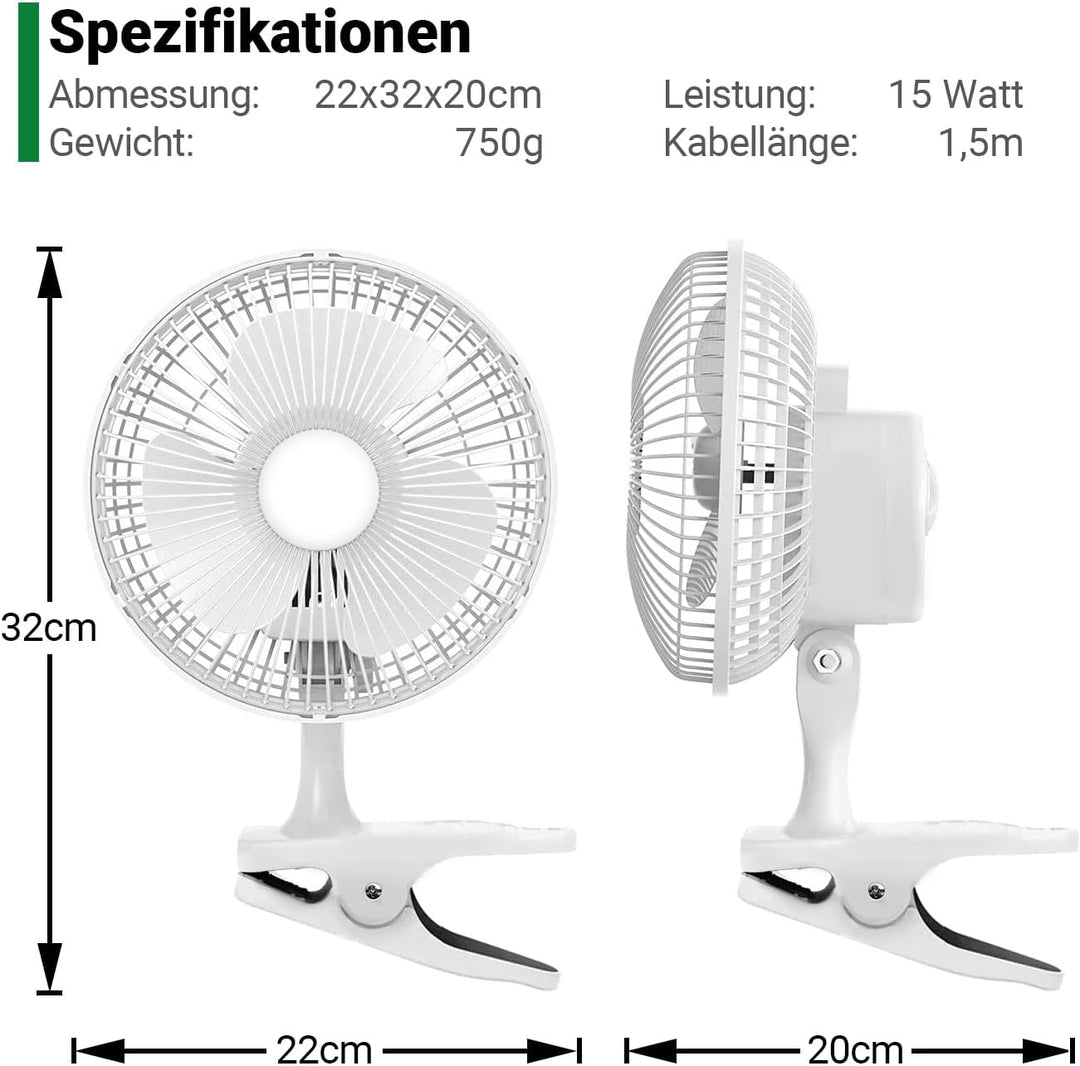 GrowPRO Mini-Ventilator mit Clip, leise, 2-Stufen regelbar, 15Watt, idealer Tischventilator im Büro,