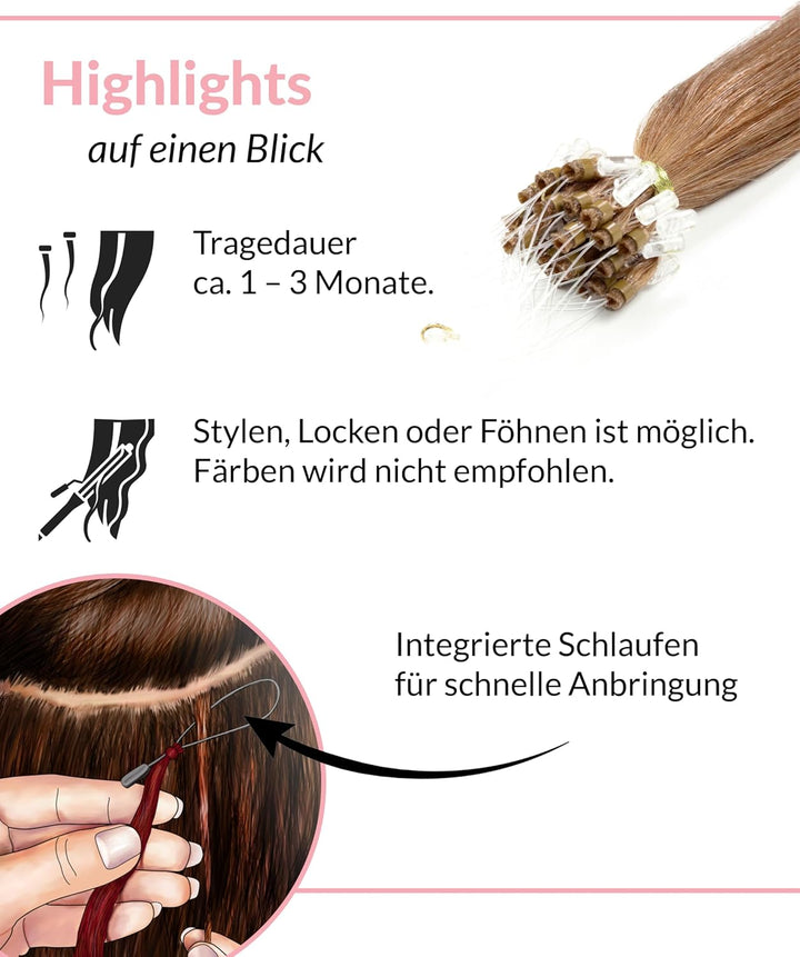 hair2heart Microring Extensions Echthaar glatt - 100 Strähnen 0.5g 40cm 8/1 hellblond asch 40cm 100