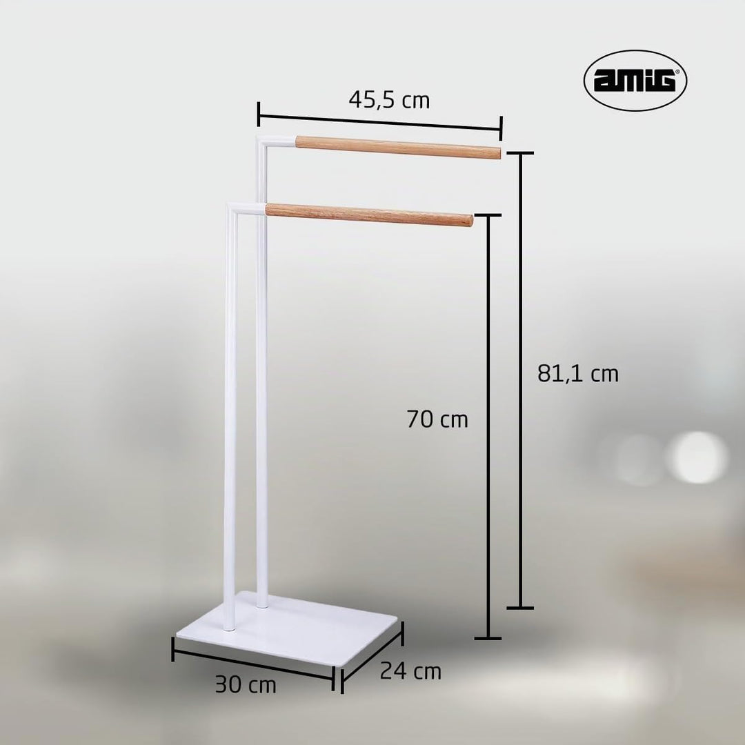 Amig - Weisser freistehender Handtuchhalter mit Holzstangen - Doppelständer für Badetücher - Minimal