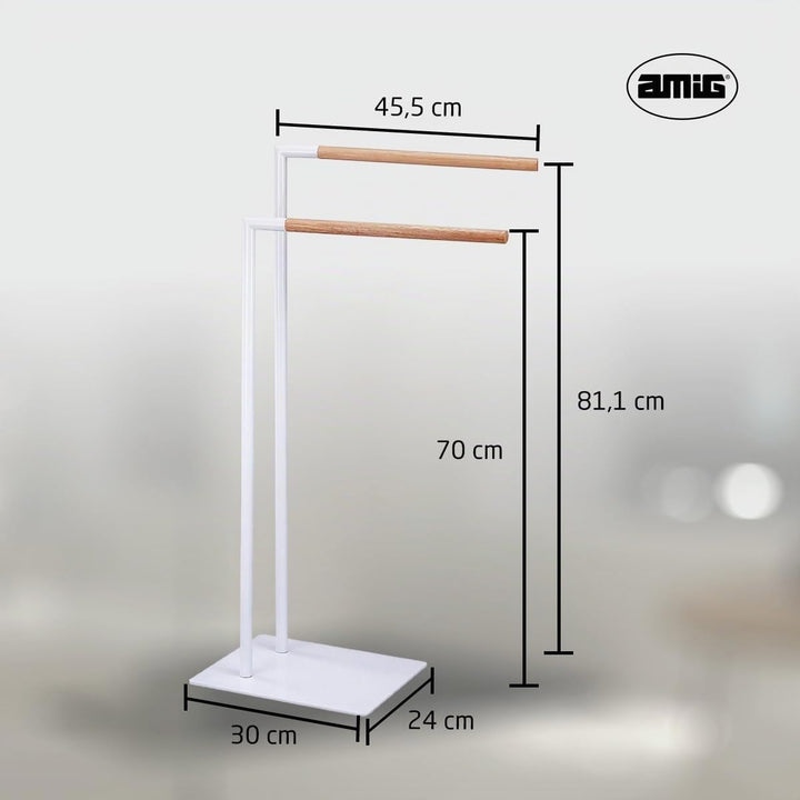 Amig - Weisser freistehender Handtuchhalter mit Holzstangen - Doppelständer für Badetücher - Minimal