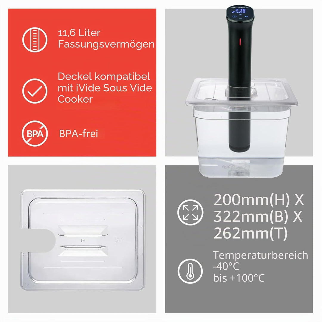 SousVideTools Container aus Polycarbonat, 11,6 l, mit Deckel passend für den iVide 2.0 Sous-Vide-Sti