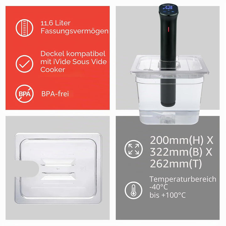 SousVideTools Container aus Polycarbonat, 11,6 l, mit Deckel passend für den iVide 2.0 Sous-Vide-Sti