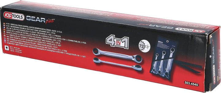 KS Tools 503.4540 4 in 1 GEARplus umschaltbar Doppel-Ratschenringschlüssel-Satz, 3-tlg