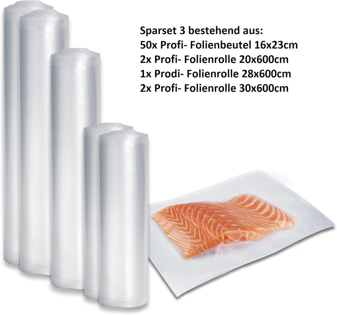 CASO Profi- Vakuumfolien Set 3 / Folienbeutel: 50x 16x23cm, Folienrolle: 2x 20x600cm, 1x 28x600cm, 2