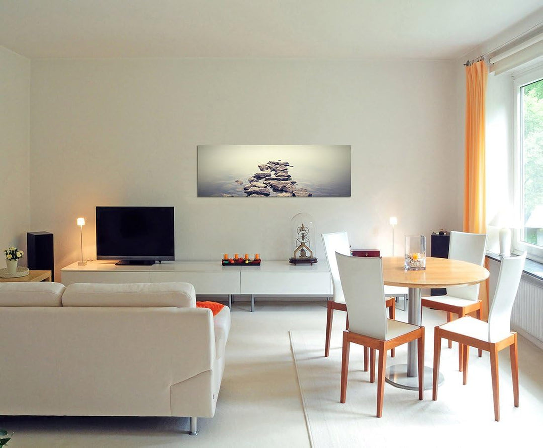 Paul Sinus Art Panoramabild auf Leinwand und Keilrahmen 120x40cm Ukraine Steine Wasser Nebel Dunst