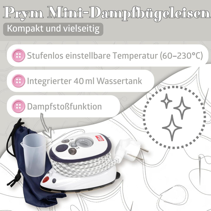 Prym Mini Dampf Bügeleisen Mit SEMPLIX Silikon Ablage Im Set (Pinky), Kleines Leichtes Dampf Bügelei