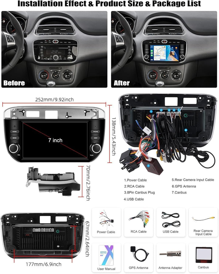 CAMECHO Android 15 Autoradio für FIAT Punto 2012-2015 mit Navi Carplay Wireless Android Auto,Doppel