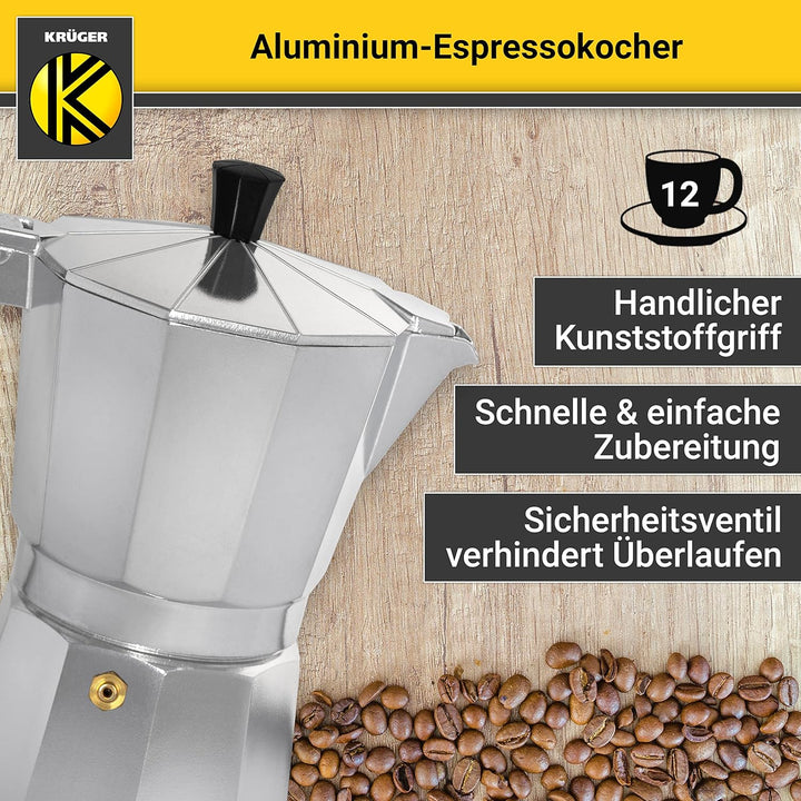 KRÜGER Aluminium-Espressokocher mit Silikon-Dichtring für 12 Tassen - schnelle und einfache Espresso