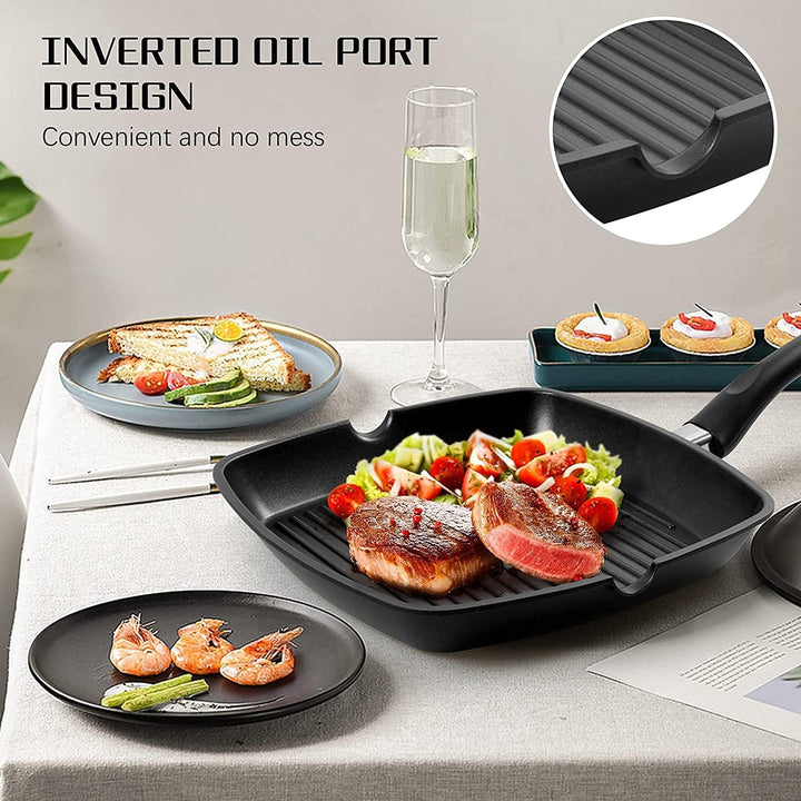 Grillpfanne 28×28 cm, Steakpfanne Induktion aus Aluminiumguss, induktionsgeeignet Pfanne, PFOA-freie