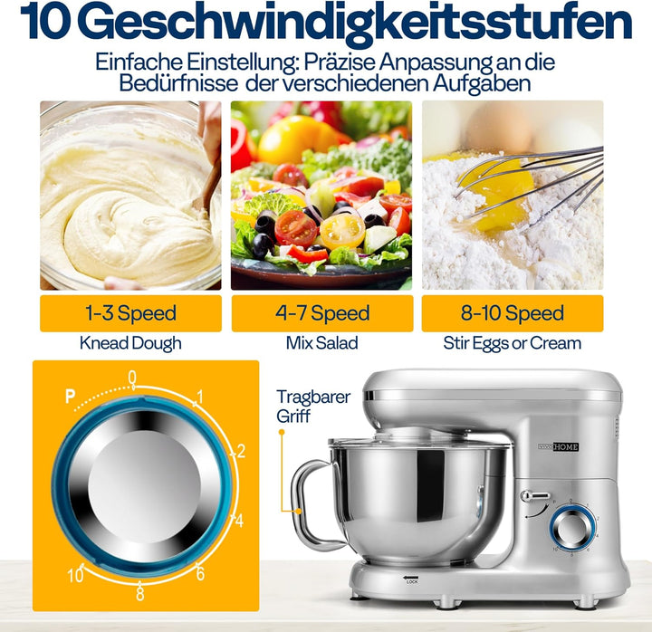 VIVOHOME Standmixer Küchenmaschine 5,7L Knetmaschine 1500W Küchenmaschinen mit 10 Geschwindigkeiten