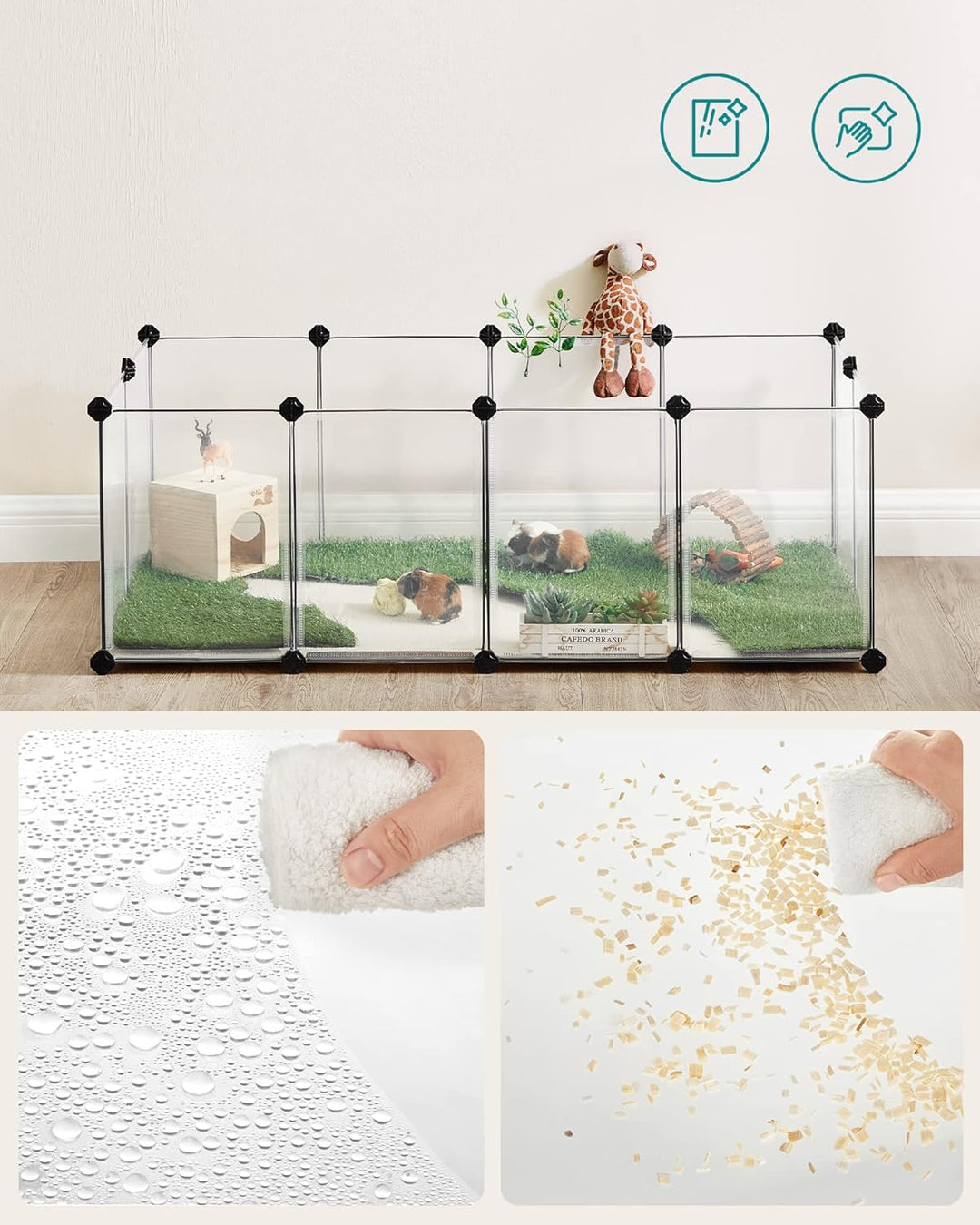 SONGMICS Freigehege mit Bodenplatten, Laufstall, Meerschweinchen Gehege, aus Kunststoff, Gehege für