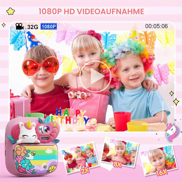 TIATUA Kinderkamera Sofortbildkamera, 1080P 2,4 Zoll Sofortbildkamera Kinder mit 32G Karte und 3 Rol
