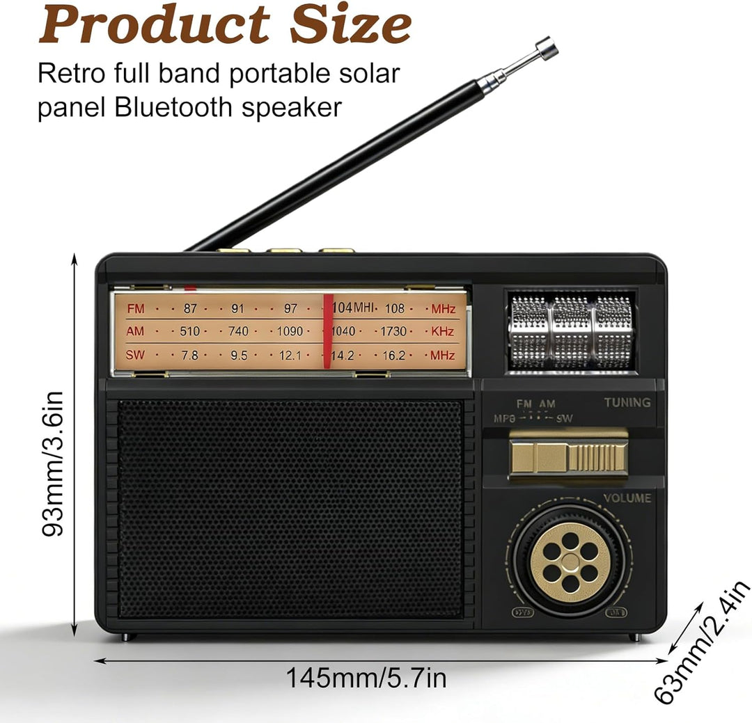 AM/FM/SW Solar Radio mit Akku 1800mAh, Kofferradio mit Bluetooth, Vintage Retro Radio Mit Solarpanel