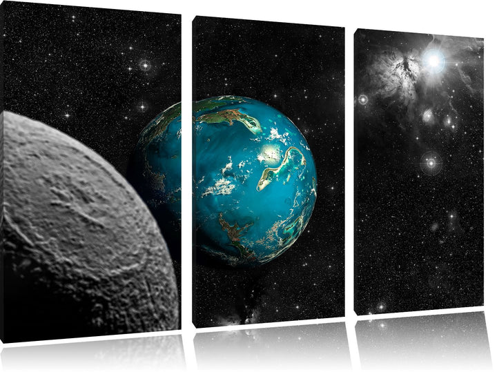 Pixxprint Planet Erde im Kosmos als Leinwandbild/Grösse: 3 Teilig (120x80 cm) cm/Wandbild/Kunstdruck