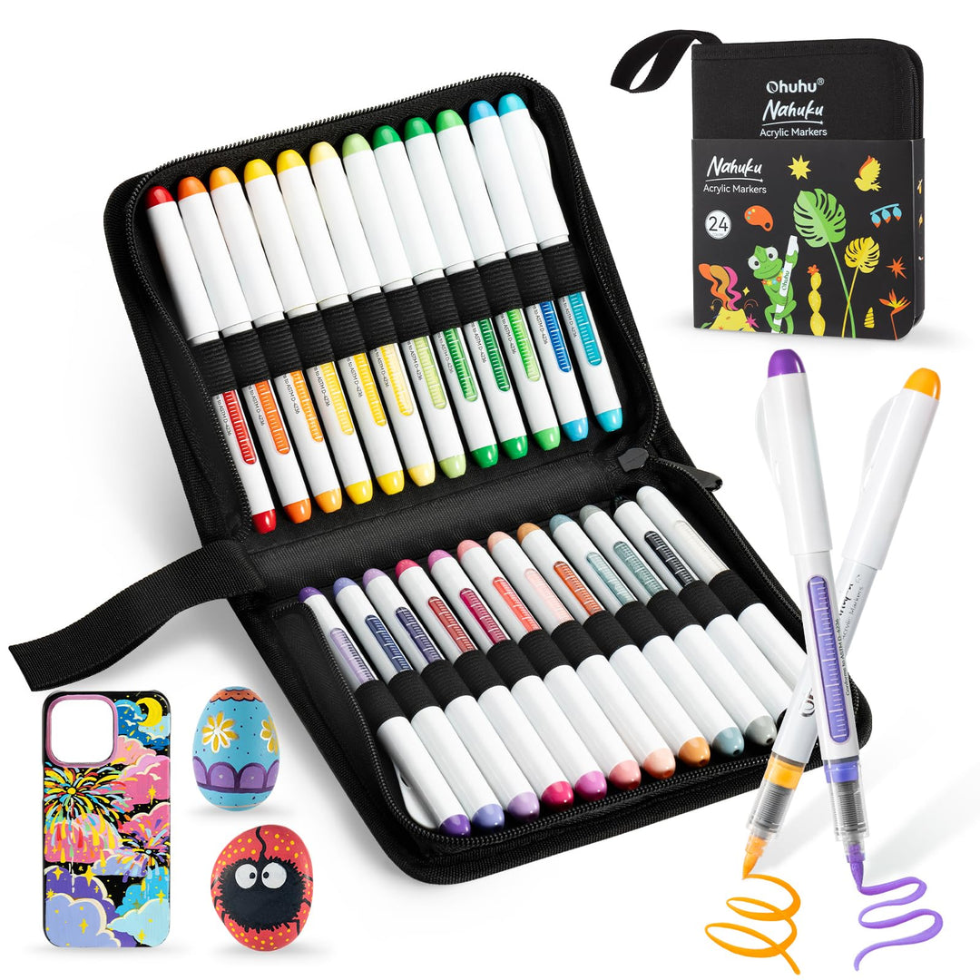 Ohuhu Acrylstifte 24 Farben 1.5MM Pinselspitzen Acrylic Marker hohe Deckkraft Wasserfest lichtecht A