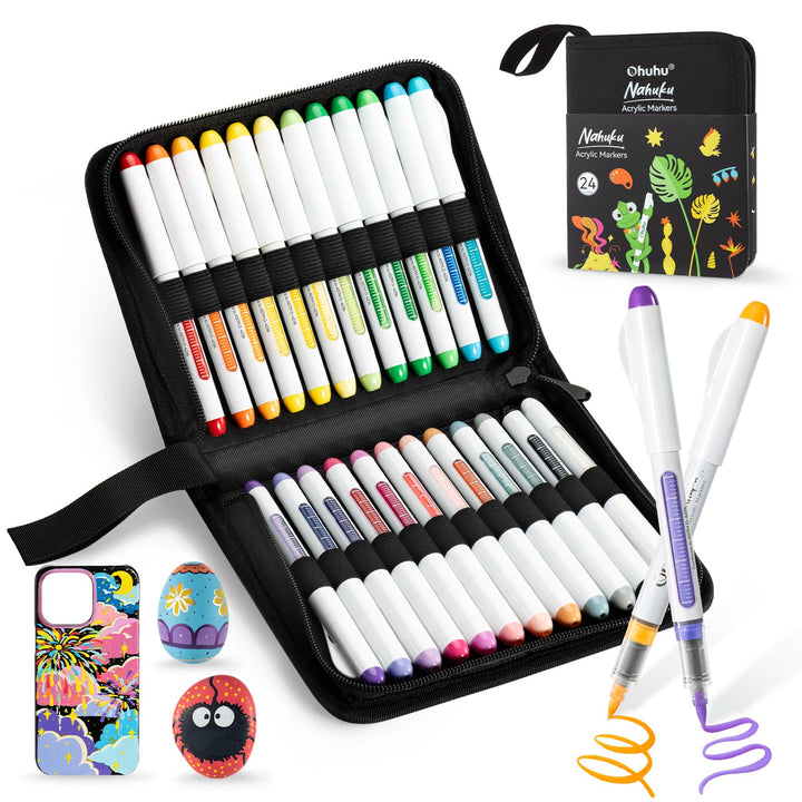 Ohuhu Acrylstifte 24 Farben 1.5MM Pinselspitzen Acrylic Marker hohe Deckkraft Wasserfest lichtecht A