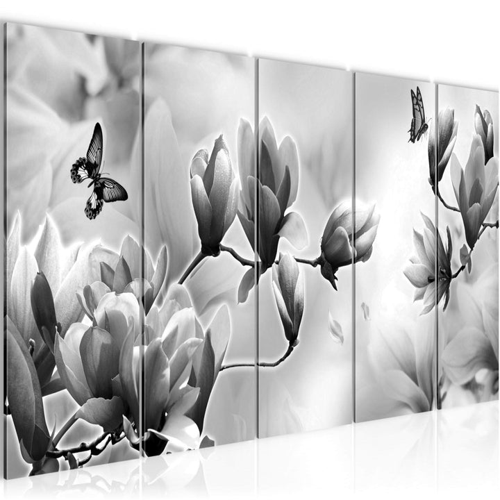 Runa Art Wandbild XXL Blumen Magnolien Wohnzimmer Schlafzimmer 200 x 80 cm Schwarz Weiss 5 Teilig -
