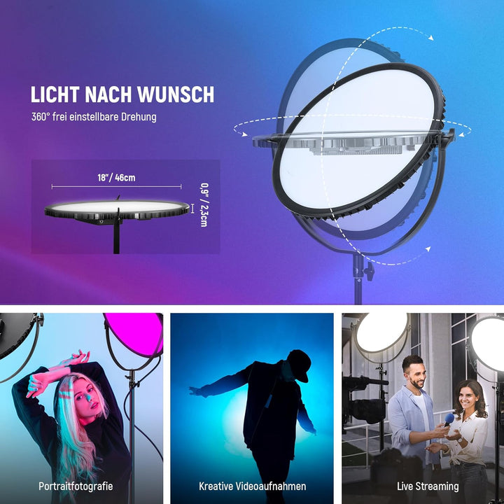 NEEWER 18" RGB Rundes LED Panel Videolicht mit APP Steuerung, Fotolicht 65W 6000Lux/0,5m 2500K-8500K