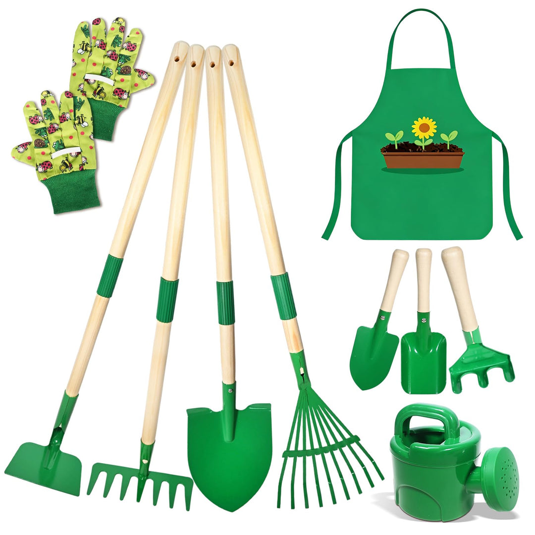 10 Stück Kinder Gartenwerkzeug Set, Metall Gartenwerkzeug Set mit Schaufel, Rechen, Gabel, Arbeitsha