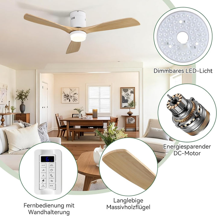 Sofucor 132cm Smart Deckenventilator mit Beleuchtung, Massivholz Deckenventilator mit Licht, Alexa/A