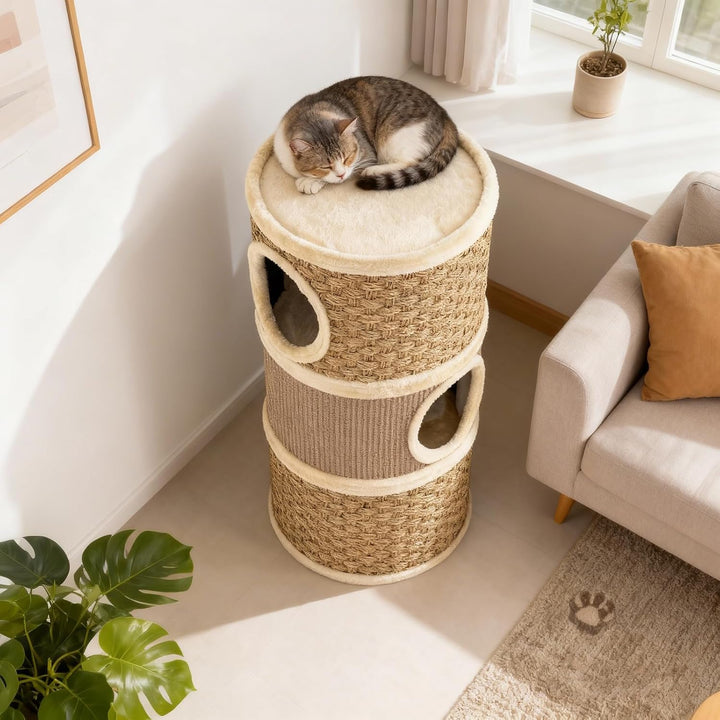SOARS Kratztonne für Katzen, 70 cm Katzentonne mit 3 Höhlen, Liegefläche und Sisalkratzfläche, Kratz