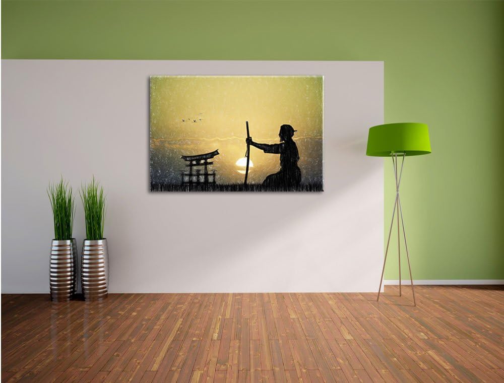 Pixxprint Alter Samurai-Meister vor Horizont Kunst Buntstift Effekt, Format: 100x70 auf Leinwand, 10