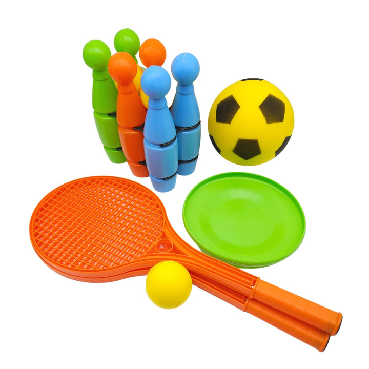 alldoro 60042 XXL-Outdoor-Spiel-Set, Kunststoff, mit Kegelspiel, Fussball, Wurfscheibe und Soft-Tenn