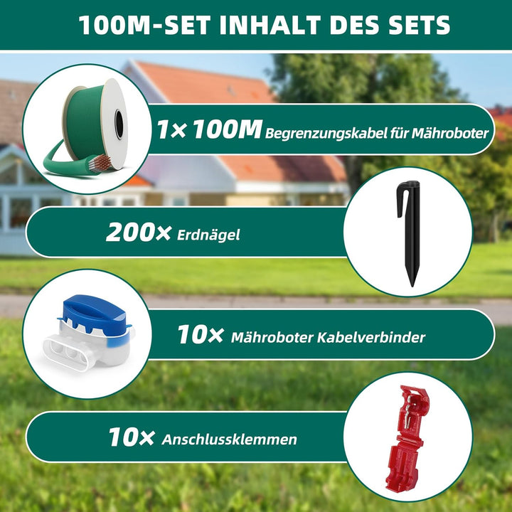 100M Universal Begrenzungskabel für Mähroboter + 200 Erdnägel + 10 Mähroboter Kabelverbinder + 10 An