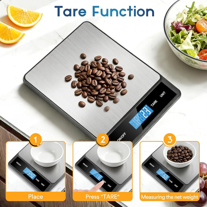 Zivacate 15kg Digitale Küchenwaage, 1g Präzision, Küchenwaage mit LCD Display, Grosse Edelstahl Wieg
