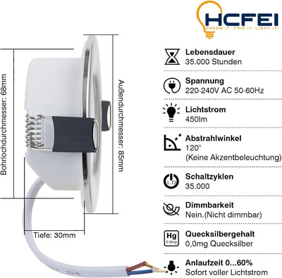 HCFEI 6x LED Einbau-Strahler 5W Eisen-gebürstet IP44 230V Bad Feuchtraum Aussen 230V Spot 68 mm Einb