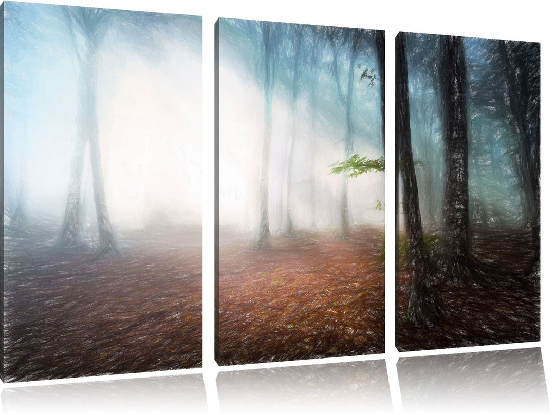 Pixxprint Düsterer Wald im Nebel / 3-Teilig/Gesamtmass 120cm Leinwandbild bespannt auf Holzrahmen/Wa