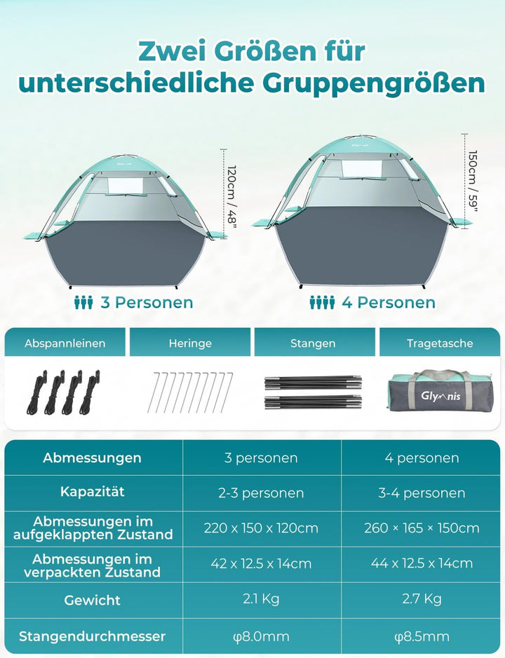 Glymnis Strandmuschel Strandzelt Strand Zelt mit 2 Reissverschlusstür UV-Schutz UPF50+ Windschutz kl