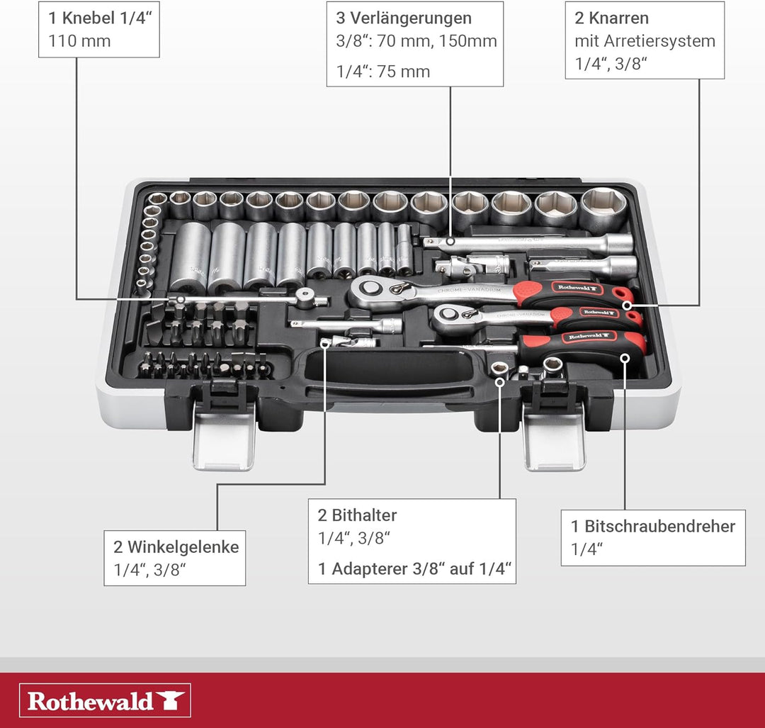 Rothewald Zoll-Werkzeugsatz, 92 Teile, Herausnehmbare Bithalter Für Zoll-Bits, Feinverzahnte Ratsche