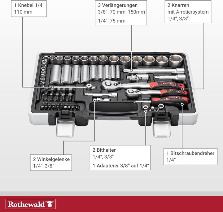 Rothewald Zoll-Werkzeugsatz, 92 Teile, Herausnehmbare Bithalter Für Zoll-Bits, Feinverzahnte Ratsche