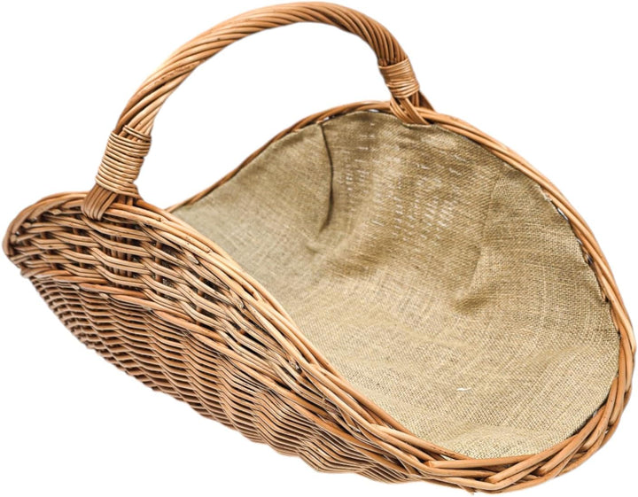 Kaminholzkorb aus Rindenweide mit Jutefutter (72 × 42 × 25/39 cm) – Handgeflochtener Weidenkorb zum