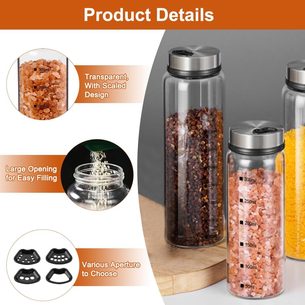 300 ml Gewürzgläser mit Drehdeckel, 2 Stück Borosilikatglas Gewürzstreuer Glas mit 4 Arten von Gewür