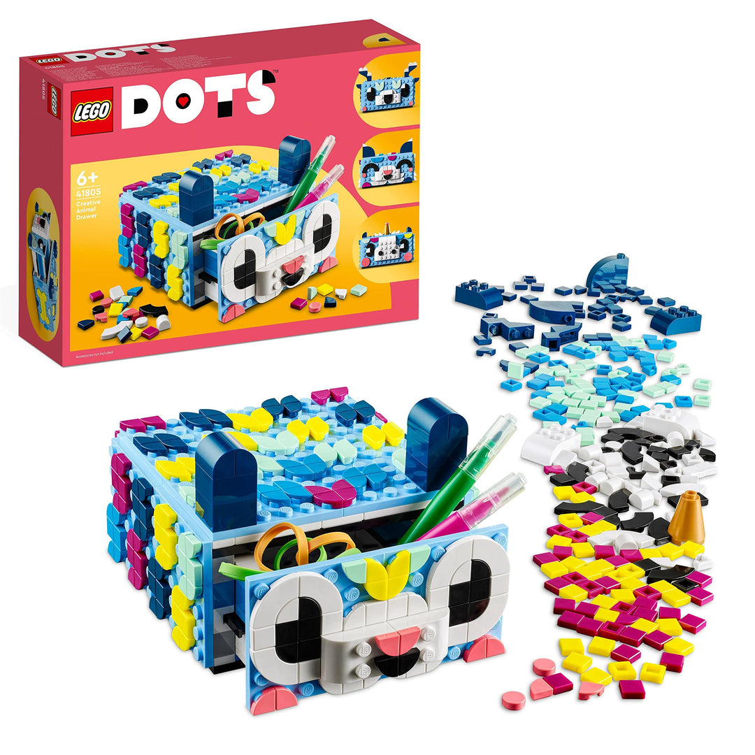 LEGO 41805 DOTS Tier-Kreativbox mit Schubfach, Mosaik-Bastelset für Kinder zum Aufbewahren von Schmu