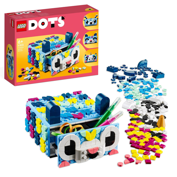LEGO 41805 DOTS Tier-Kreativbox mit Schubfach, Mosaik-Bastelset für Kinder zum Aufbewahren von Schmu