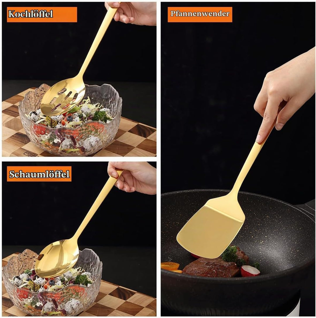 HOMQUEN Gold Küchenutensilien Set 4pcs, Titan Gold Beschichtung Edelstahl Kochutensilien Set, Küchen