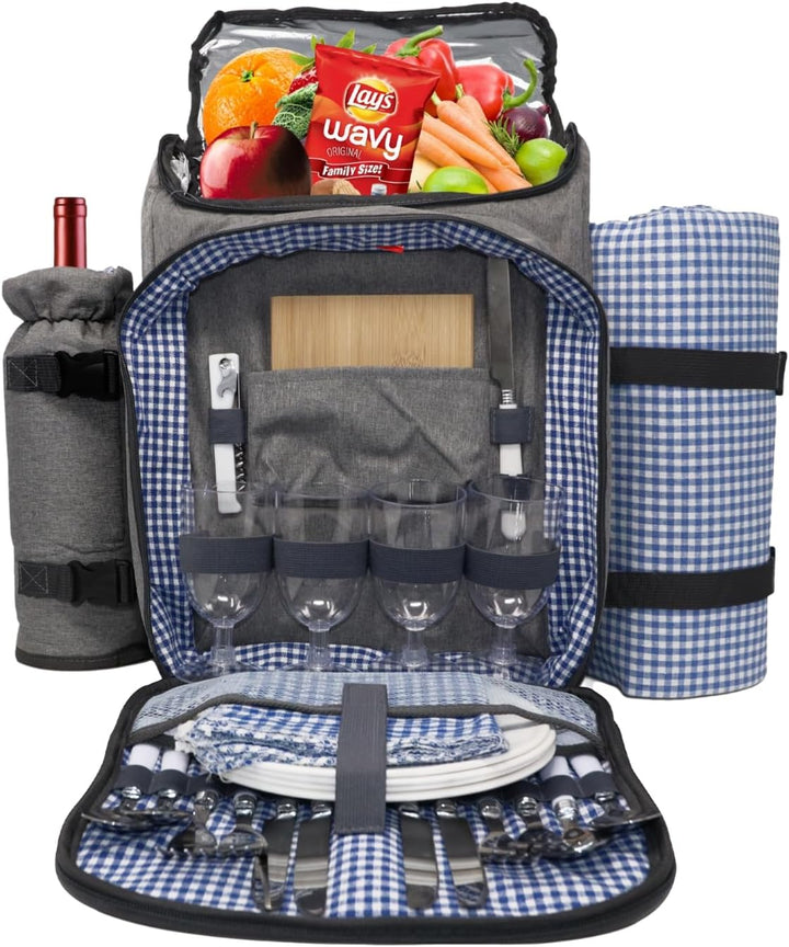 Nature Gear XL Picnic Backpack - Classic 4 Person Insulated Design - Waterproof Blanket and Full Cut