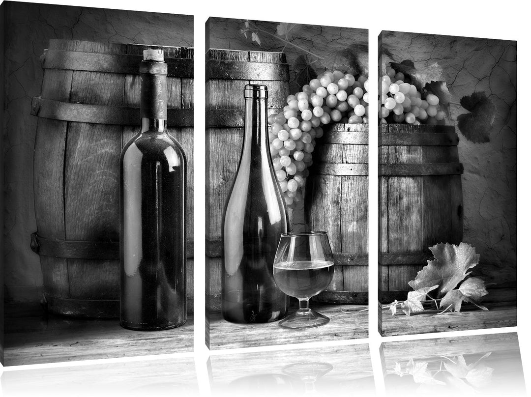 Pixxprint Fässer mit Weintrauben und Wein als Leinwandbild/Grösse: 3 Teilig (120x80 cm) cm/Wandbild/