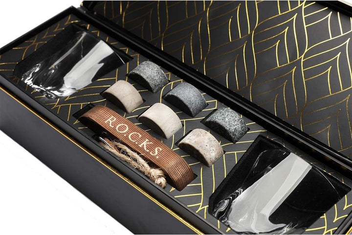 Whiskey Steine Geschenkset - 6 Handgefertigte Premium-Granitsteine, 2 aussergewöhnliche Kristallgläs