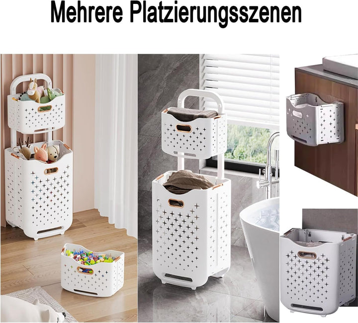 Hooha Faltbarer Wäschekorb Auf Rollen 2 Fächer Wäschekorb Plastik 77 Liter Wäschewagen für Schmutzwä