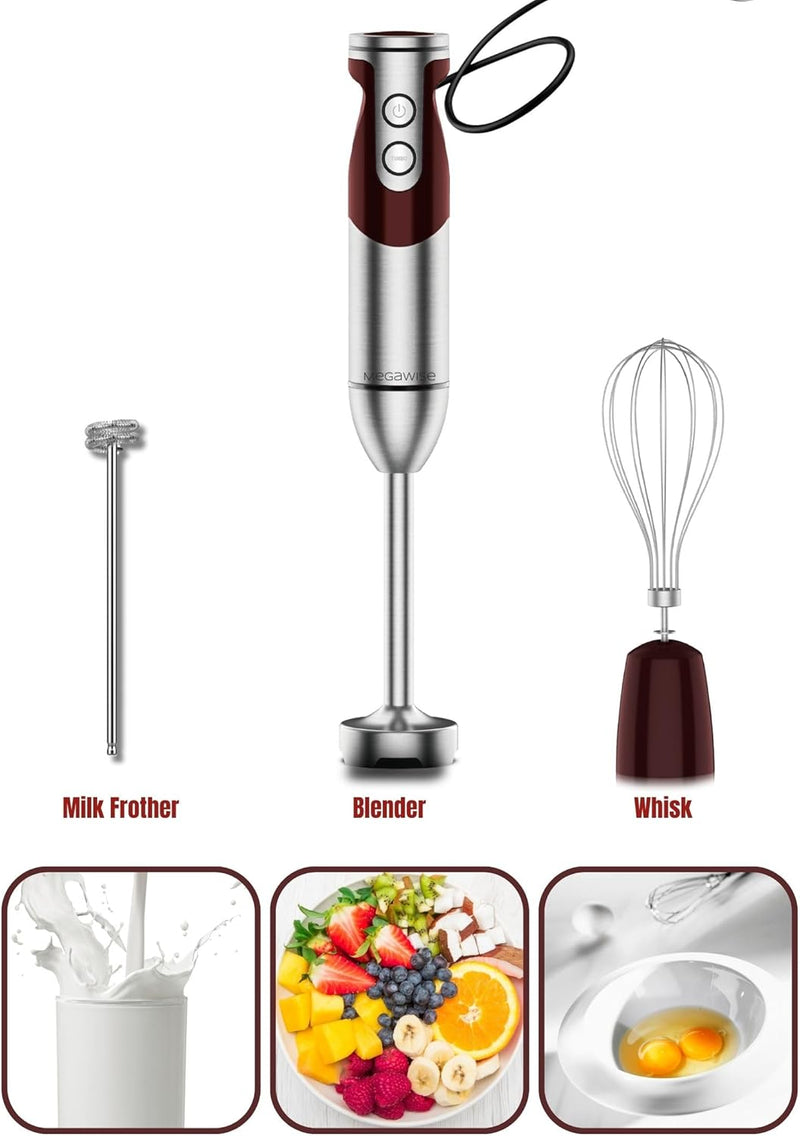 Megawise 3-in-1-Stabmixer – 12 Geschwindigkeiten, inkl. leistungsstarkem Mixstab, Schneebesen und Mi