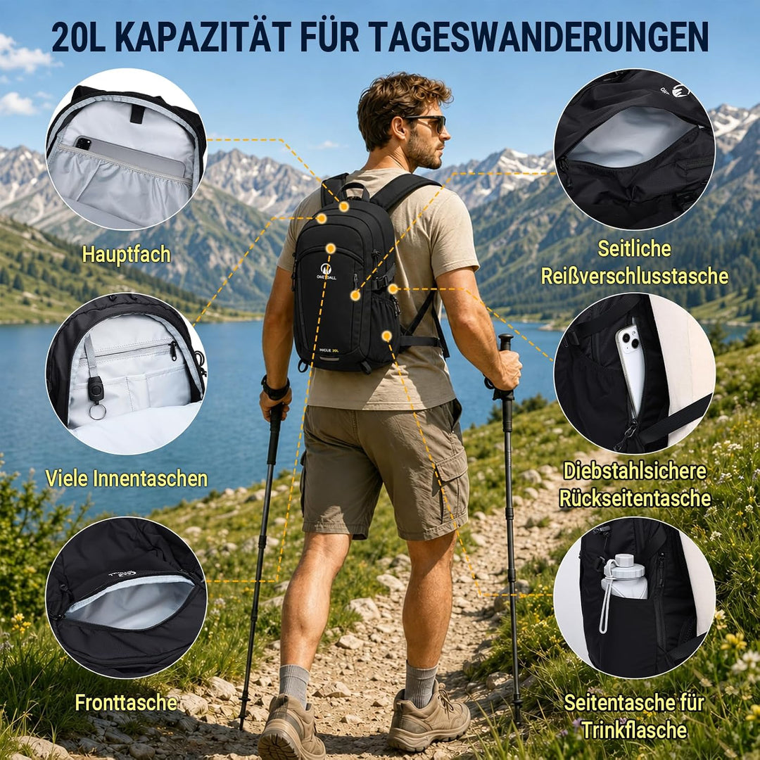 Wanderrucksack Damen & Herren 20L, Leichter Tagesrucksack Klein, Rucksack Wasserdicht mit Regenhülle