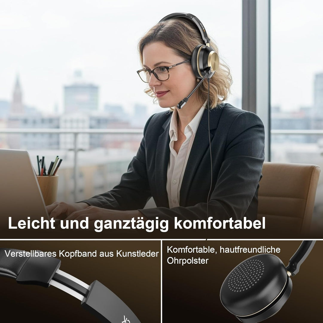 Wantek 882F Headsets mit Mikrofon Noise Cancelling und USB A 3,5mm Stecker Typ C Adapter für Call Ce