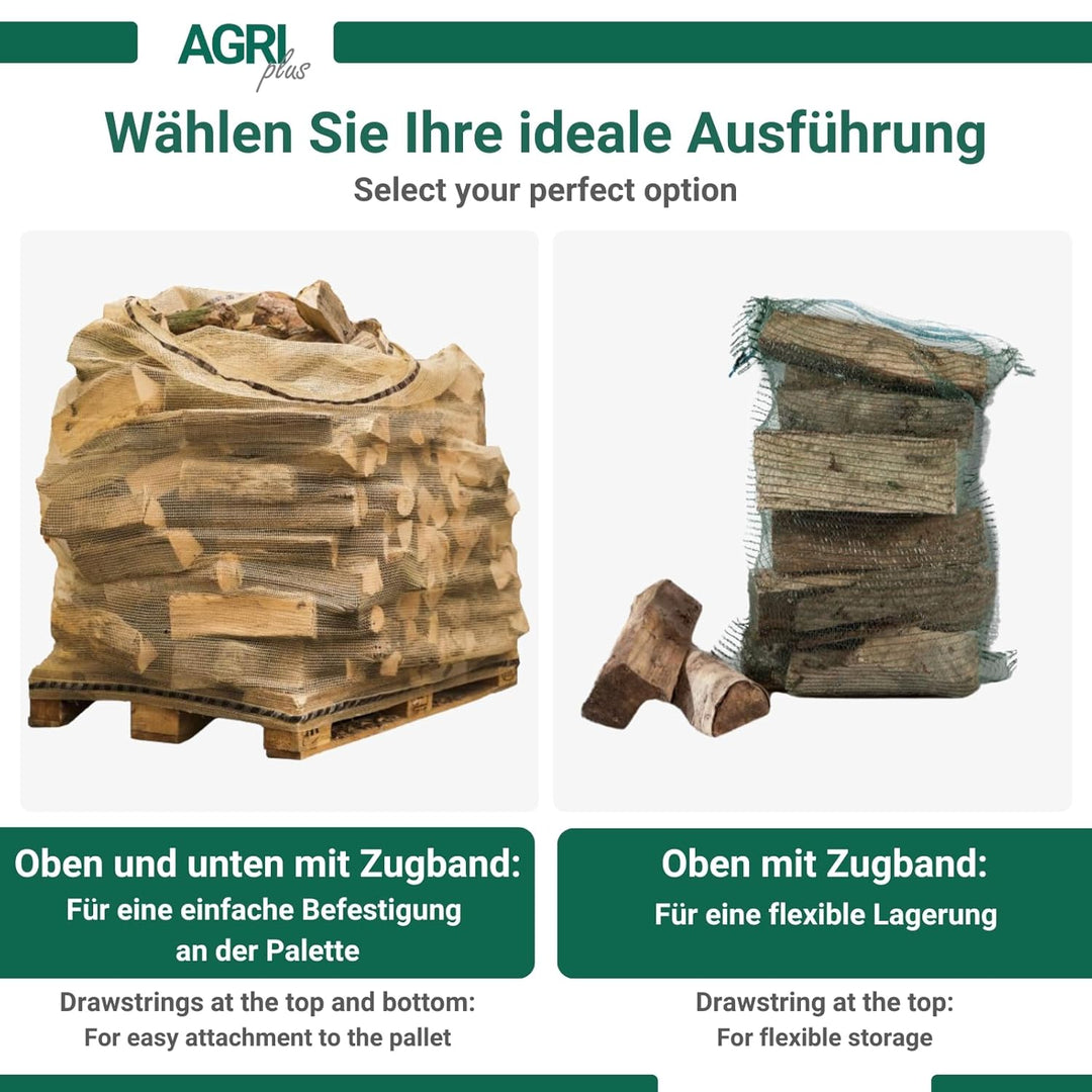100 x Holzsäcke/Raschelsäcke für Brennholz 60 x 80cm - Mit Zugband - Dunkelgrün - Brennholzsäcke - A